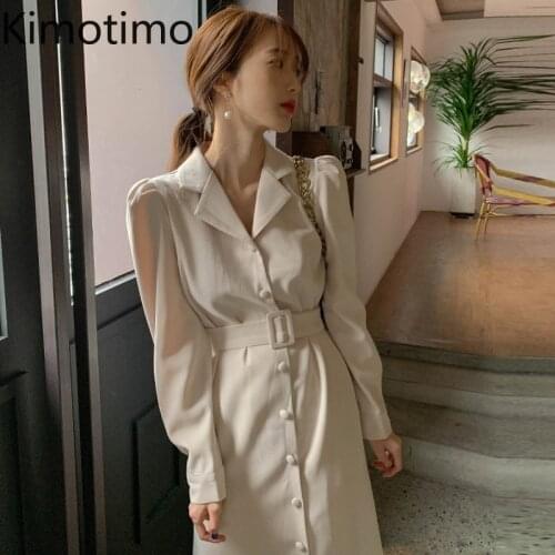 Kimotimo Solid Long Trumpet Dress Women Korean Chic 2021 New Notched Show Thin Temperament Waist Long Sleeve Ins Dress Spring