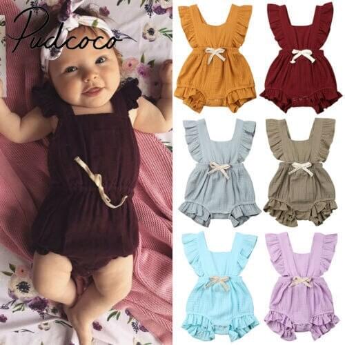 Newborn Baby Girl Infant Ruffle Solid Romper Grain Jumpsuit Backless Clothes Summer Sunsuit 5 Colors 0-24 Months