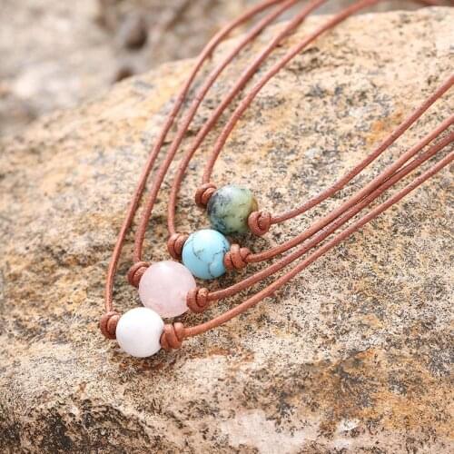 Retro Healing Jewelry Natural Stone Necklace Round Ball Pendant Pendulum Turquoises Pink Quartz Crystal Necklace for Women Men