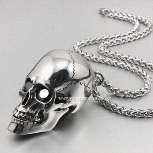 LINSION Huge Heavy 316L Stainless Steel Black CZ Eyes Skull Pendant Mouth Openable Mens Biker Style 4S020 Steel Necklace 24inch