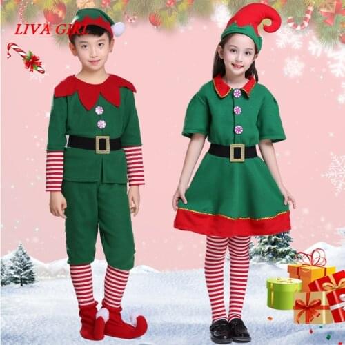 Liva girl Kids Girls boy Christmas Elf Costume Kids Green Dress for Xmas Cosplay Party Costume Halloween Carnival Party Dress Up