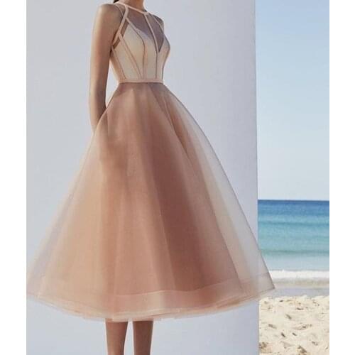 2020 Fashion Champagne Tea Length Prom Gowns Elegant See Thru Sexy Cocktail Dresses Pretty Formal Dress For Homecoming Dress