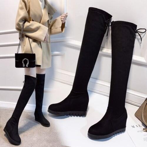 Fashion Over Knee Boots For Women Black Winter Warm Motorcycle Boots Elasticity Microfiher Low Heel Thigh High Boots Shoes