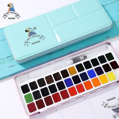 Meiliang Solid Watercolor Paints Brush Set Acrylic Professional 36 Colors Metal Box Half Pans with a Palette Art Supplies