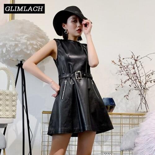 2019 New Real Leather Dress With Belt Slim Zipper Genuine Leather Mini Party Dress Sexy Sleeveless Lady Sheepskin Dresses Female