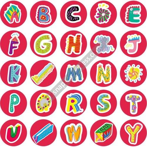 New A-Z Alphabet Letters words 26pcs 18mm snap buttons mixed round photo glass cabochon style for snap button jewelry