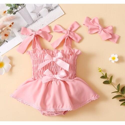 Baby Girls Clothes Two-piece Set Solid Color Boat Neck Sleeveless Lace Ruffle Romper With Bow and Headdress, White/ Purple/ Pink