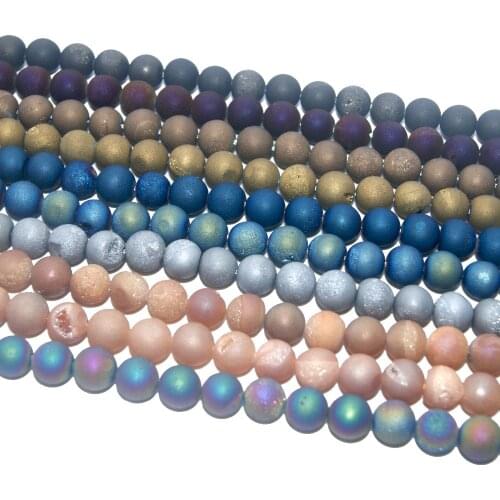 Wholesale Natural Stone Metallic Titanium Coated Natural Druzy Quartz Agates Beads For Jewelry Making DIY Bracelet 6/8/10/12 MM