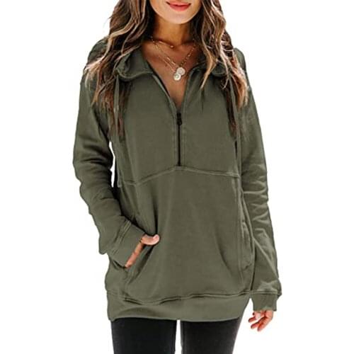 Autumn Women Fashion Zip Up Sweatshirt Solid Color Drawstring Long Sleeve Stand Collar Adorable Tops With Pockets