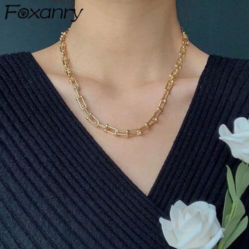 FOXANRY 925 Sterling Silver Necklace for Women Vintage Accessories Fashion U-shaped Horseshoe Buckle Chain Design Party Jewelry