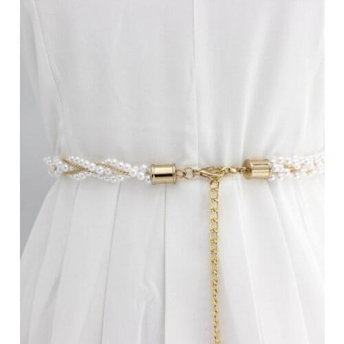 Ladies Elegant Imitation Pearl Beaded Metal Belts Trousers Dress Accessories Delicate 2021 New Fashion Adjustable Waist Chain