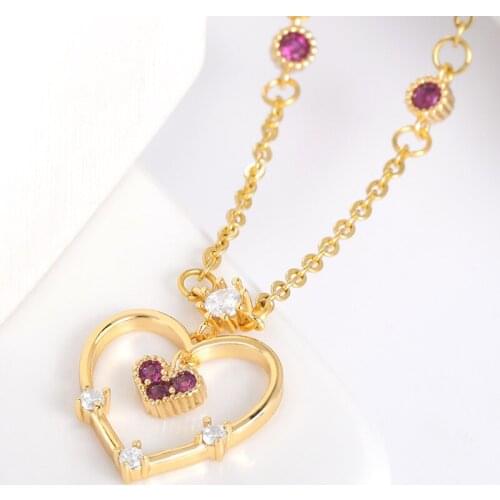 Romantic Simple Double Heart-shaped Necklace Exquisite Crystal Zircon Pendant Gold Color Chain Womens Wedding Jewelry