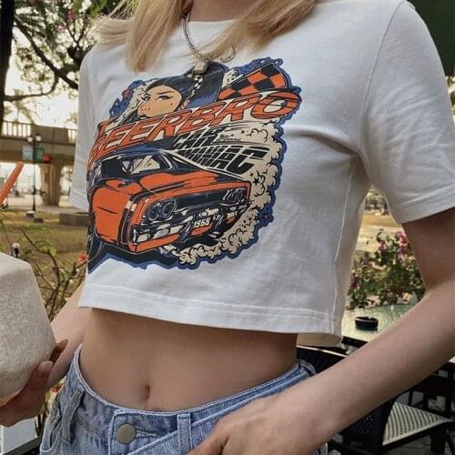 Racing Car Print Summer 90s Vintage Short T-Shirt Grunge Graphic Short-Sleeve Streetwear Sexy Girl Punk Harajuku Women Crop Tops