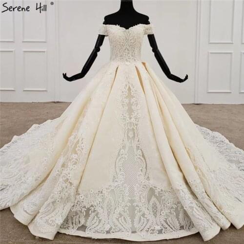 Champagne High-end Satin Sexy Wedding Dresses 2020 Off Shoulder Beading Sequins Bridal Gowns HX0058 Custom Made
