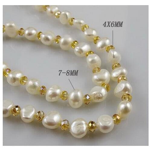 Unique Pearls jewellery Store 120cm Long Pearl Jewelry 4mm Champagne Crystal Beads 7-8mm Baroque White Freshwater Pearl Necklace