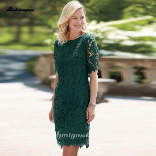 Green Lace Mother of The Bride Dress Jewel Neck Half Sleeve Wedding Party Gowns Robes de Cocktail
