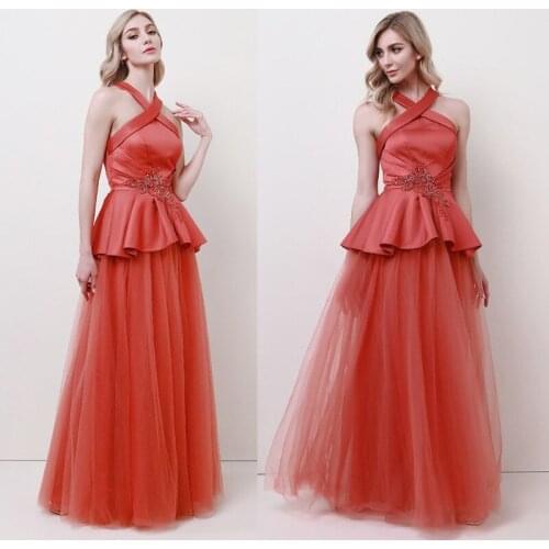 Women Short Tulle Prom Party Dresses Criss Cross Halter Floor Length Formal Evening Gowns Crystal Sequined Sleeveless Dress