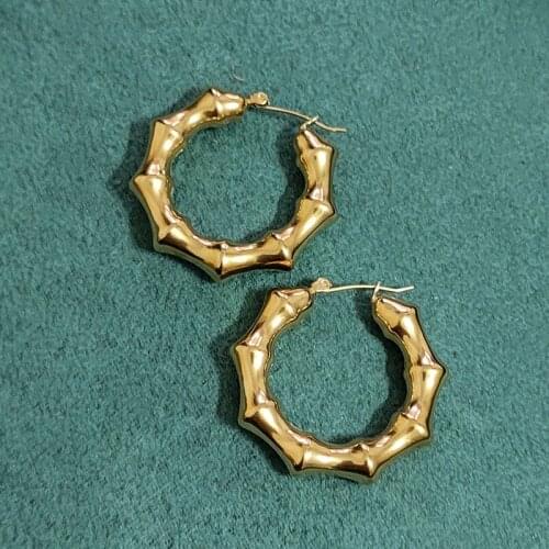 Chunky chubby bamboo hoop earring for women stainless steel bold gold empty hoop earring lightweight minimalist dainty elegant