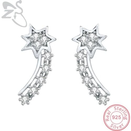 ZS 925 Sterling Silver Star Pattern Shiny Stud Earrings for Women Clear CZ Crystal Stud Earrings Fashion Wedding Party Jewelry