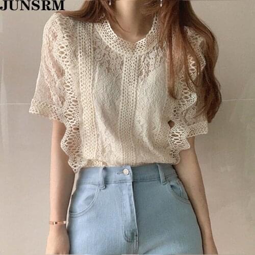 Womens Tops And Blouses 2020 Summer New Women Shirt High Street Chic Korean Lace Blouse Hollow Out All Match Summer Shirts