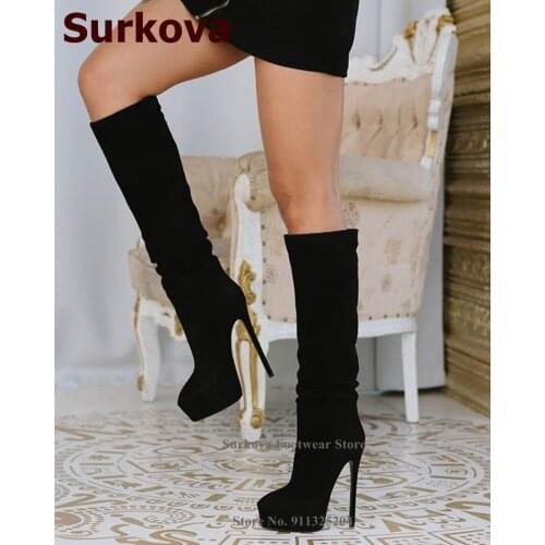 Surkova Women Black Suede Thin High Heel Knee Boots Platform Slim Fit Fall Winter Dress Shoes Runway Vogue Tall Boots Size46