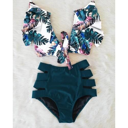 Womens Swimsuit 2021 New Fashion High Waist Hollow Out Sexy V Neck Ruffles Floral Swimwear Beach Bikini Set Bathing Suit