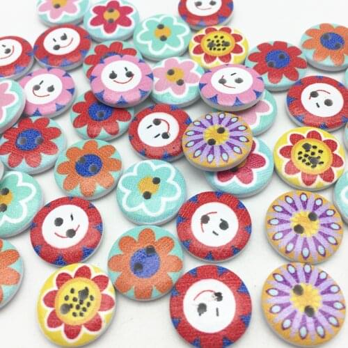 100pcs 20mm Wood Buttons Florals Flower Painted 2 Holes Round Sewing Button Embellishments Floral Crafts Wholesale