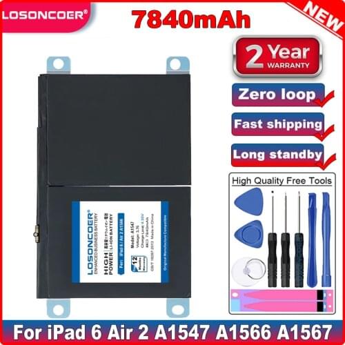 LOSONCOER 7840mAh A1547 Battery For Apple iPad 6 Air 2 A1566 A1567 High Capacity Lithium Polymer Bateria + Free Tools