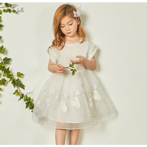 DK18301 dave bella summer girls 4Y-13Y fashion floral embroidery mesh dress children sweet dress kids infant lolita clothes