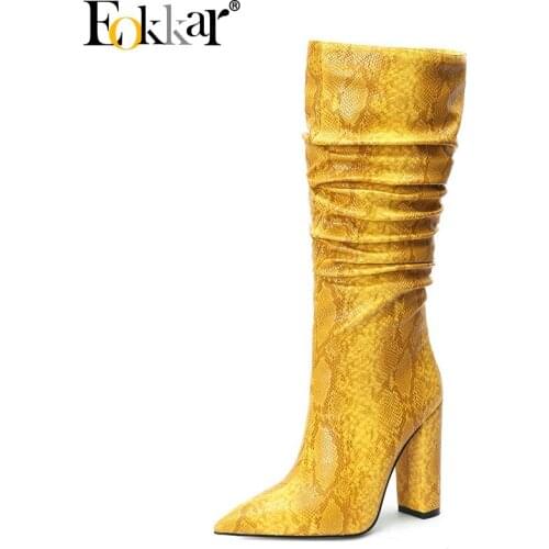 Eokkar 2020 Women Knee High Boots Pointed Toe Square High Heel Snake Print All Match Sexy Slouch Winter Ladies Boots Size 34-43