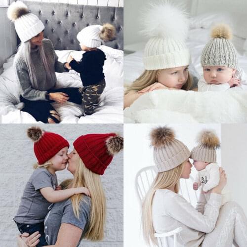 Hot sale solid fashion Cute Mother Baby Knitting Pom Bobble Hat Winter Warm Beanie Knitted Matching Cap Pom Bobble Crochet Hat