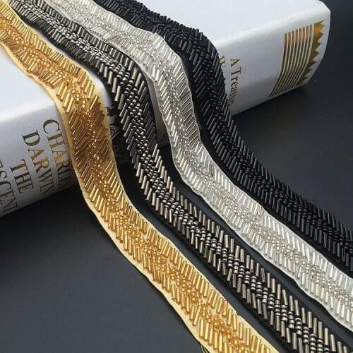 1Yard Gold Silver Beading Trims Beaded Ribbon For Sewing Clothing Collar Wedding Decoration Black Mesh Lace Accessories
