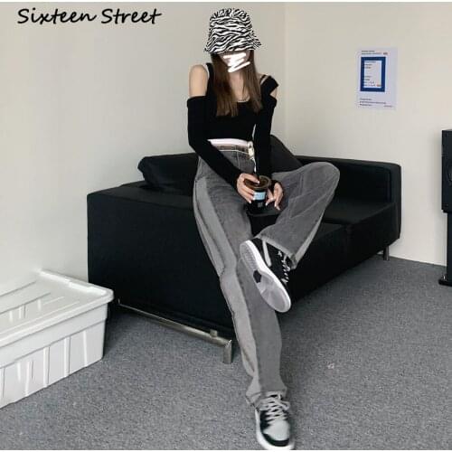 New Korean Fashion Patchwork Denim Boyfriend Jeans Women Y2K Loose Vintage High Waist Straight Trousers Casual Streetwear 2020