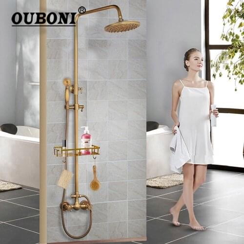 OUBONI Antique Brass Wall Mount Rainfall 8 Inch Round Head 2 Functions Hand Shower Bathroom Shower Faucet Set Mixer Taps