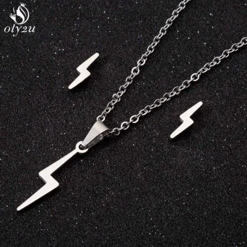 Oly2u Jewerly Sets Stainless Steel Lightning Bolt Pendant Necklace Set Vintage Geometric Stud Earrings for Women Men collares