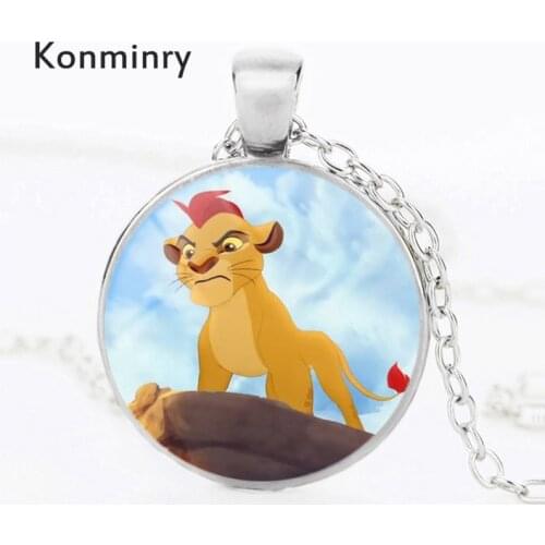 Konminry Cute Simba Lion Silver Color Necklace Glass Cabochon Pattern Pendant Necklace For Men Women Cartoon Style Jewelry