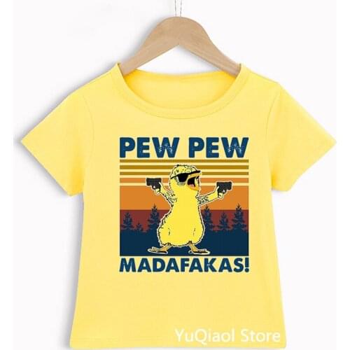 Pew Pew Madafakas Duck/Unicorn/Cat Print Funny Kids Clothes Baby Boys Yellow Tshirt Unisex Top 2 to 13 Years Wholesale DIY Tee