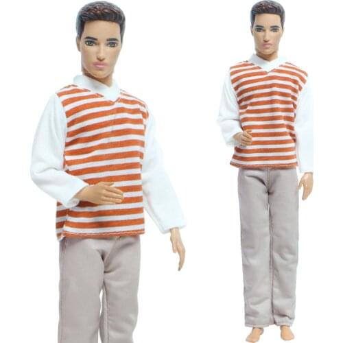 Handmade 1 Set Casual Men Outfits Orange White Striped Long Sleeved Shirt Gray Trousers Clothes Accessories for Barbie Doll Ken