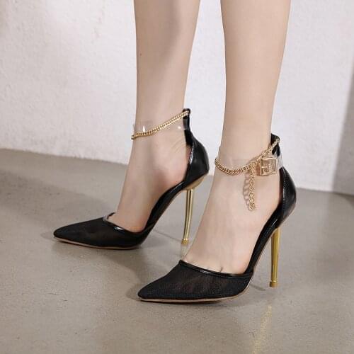 Sandals Women Sexy Pointed Toe Mesh Stiletto High Heels Chain Transparent Buckle Wedding Clear Shoes For Women Plus Size 35-42