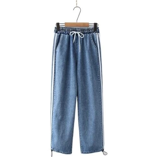 Blue Side Stripe High Waist Washed Casual Women Denim Pants 2021 Spring Pockets Jeans Korean Female Basic Trousers