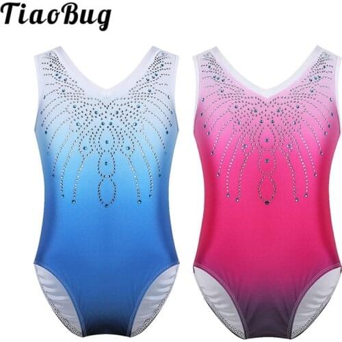 TiaoBug Kids Teens Shiny Rhinestone Gymnastics Leotard Children Stage Dance Costumes Girls Sleeveless Ballet Leotards Bodysuit