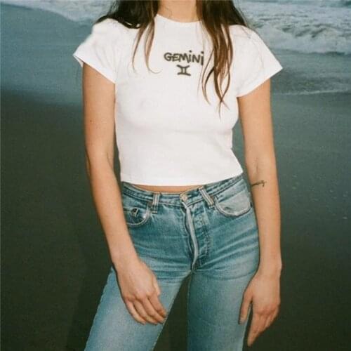 Thin Hotel Harajuku Twelve Constellation Rib Shirt dye Y2K Sweet and Cute Kawaii Pure White Sexy Sleeve Slim T-shirt piece