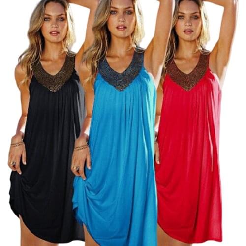 Beaded Vest Dress Casual Wear V Neck Summer Dresses 2020 Beach Style Sukienka Solid Women Sleeveless Pleated Dress Hot Drilling