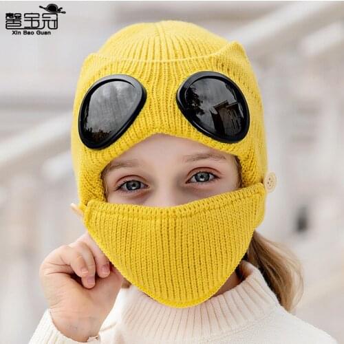 Knitted hat boys and girls winter skiing warm hat outdoor windproof glasses with mask ear protection hat