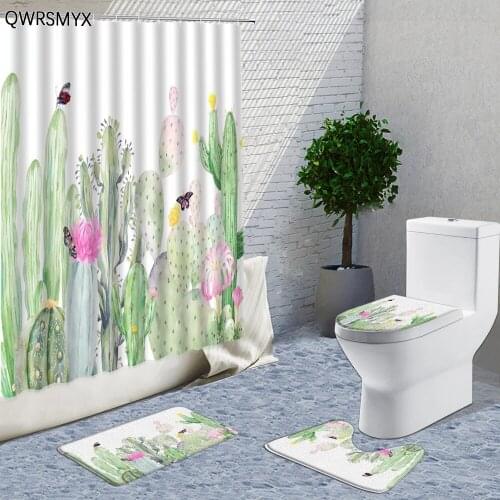 Green Cactus Shower Curtains Sets Plant Flowers Hand Painted Plant Bathroom Decor Curtain Bath Mats Rugs Toilet Cover Lid Pad
