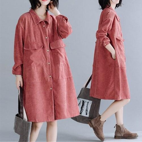 Pink Corduroy Windbreaker Women Spring Autumn Turn Down Collar Pocket Single-Breasted Shirt Dress Knee-Length Outerwear Thin