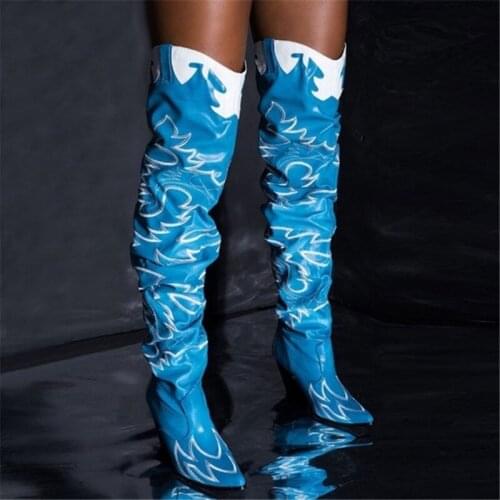 2021 Blue Western Cowboy Over The Knee Boots Fashion Chunky Wedge High Heels Shoes Winter Designer Pointed Toe Thigh High Boots