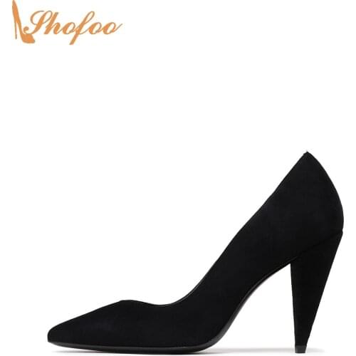 Black Flock High Spike Heels Women Pumps Pointed Toe Slip On Large Size 15 16 Ladies Summer Fashion Basic Mature Shoes Shofoo