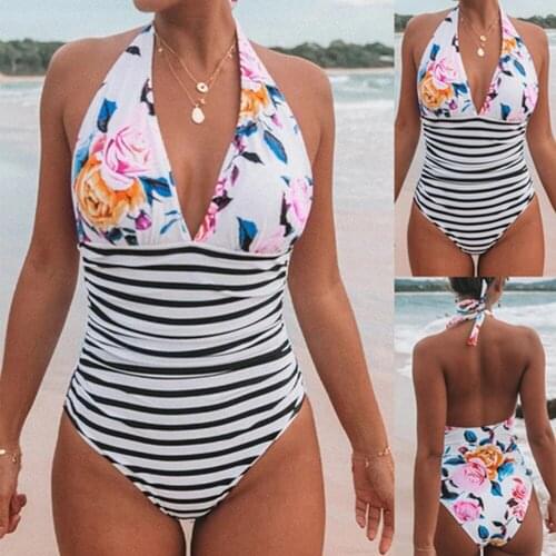 2021 Women Deep-V Floral Print Striped Ruched Hem High Waisted Bikini One Piece Swimsuit Lace Up Swimwear Push Up Monokini