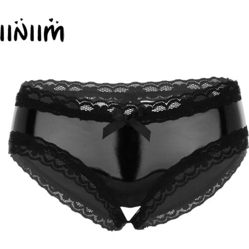 Iiniim Adult Womens Lingerie Femme Panties Wetlook Crotchless Lace Open Crotch Hole V-Back Mini Briefs Sexy Ladies Underwear